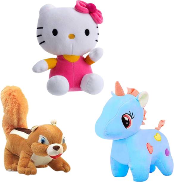 Toyhaven Special and premium combo pack of adorable stuffed toys/HELLO KITTY, UNICORN and SQUIRREL/plush toys for kids, birthdays ,gifting and special occasions  - 25 cm