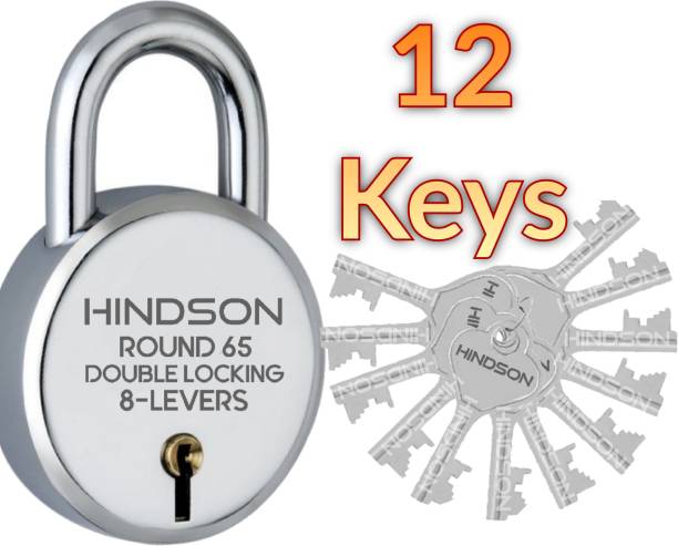 HINDSON Lock with 12 Keys Link Steel Round 65mm Lock and Key, 8 Lever Padlock