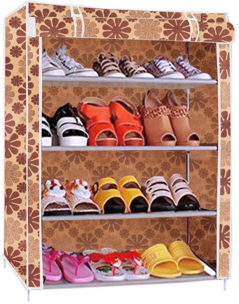 SIMSAN Simsan Premium home Plastic shoe stand racks with Nonwoven Fabric Shelf dustproof Cover shoe stand Rack Beige print 4-Tiers Plastic Shoe Stand