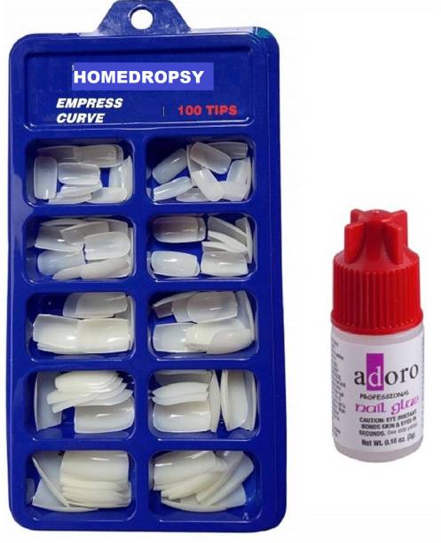 homedropsy Pack of 100 Reusable Acrylic False Nails With 1 Nail Glue For Women's & Girls WHITE (Pack of 100) WHITE