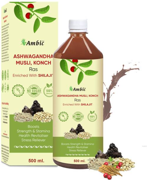 AMBIC Ashwagandha Safed Musli Konch Beej Juice Enriched with Shilajit I Ayurvedic Juice for Vigor & Vitality I Relieves from Stress & Anxiety I No Added Sugar, 500ML