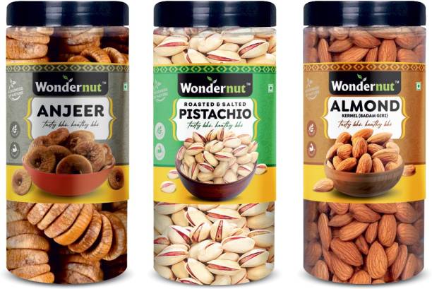 Wondernut Afgani Anjeer (250g) Pistachios (250g) and Califonia Almonds(250g) 750g Dryfruits Combo Pack- Figs, Pistachios, Almonds