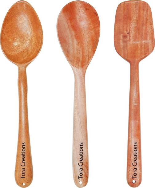 Tora Creations Neem Wood Spatula Ladle Set of 3 Stir/Fry Cooking & Serving Non Stick| Anti-Bacterial Brown Kitchen Tool Set