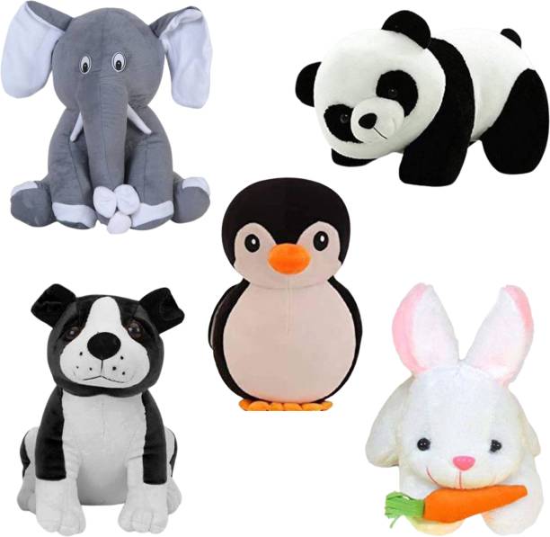 Toyhaven Special premium quality combo pack of 5 cute and adorable soft toys in BLACK & WHITE / PANDA, BULLDOG, SITTING ELEPHANT, RABBIT and PENGUIN / stuffed toys for kids, gifting and decor  - 25 cm