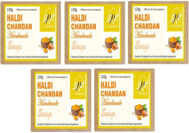 YNB YOURS NATURAL BUDDY Organic Haldi Chandan Handmade SLS & Paraben Free Soap, Pack of 5, With Free Loofah