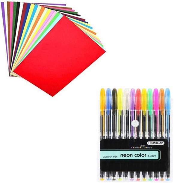 KRSNA ART combo of neon gel pens with A4 Neon paper sheets (printable)100 pcs Color A4 Size Sheets (10 Sheets Each Color) Art and Craft Paper Double Sided Colored plus Color Gel Pens,Glitter, Metallic, Neon Pens Set of 12 pens- Good Gift For Coloring Kids Sketching Painting Drawing (set of 12)