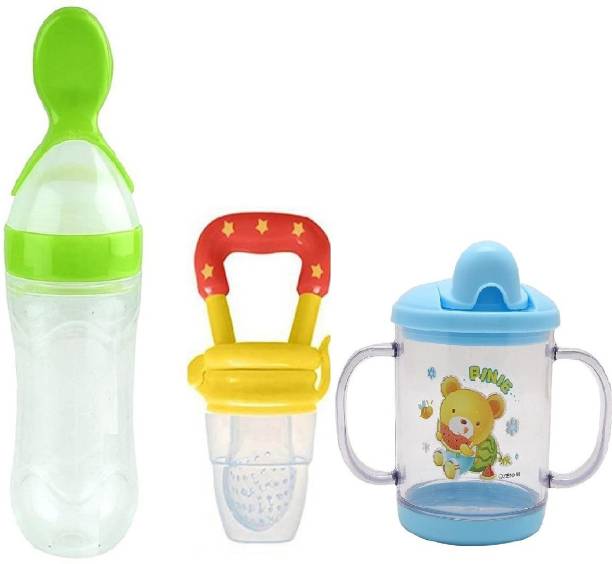 GRAYSEE Combo of 3 Baby Safe Silicone Squeeze Fresh Food Feeder Bottle with Food Dispensing Spoon, Infant Food Nibbler Teething Toy Feeding Pacifier and Plastic Sipper Cup-240ml (Multi 8) - 240 ml