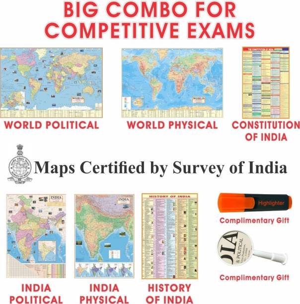 (COMBO OF 6 MAPS/CHARTS WITH COMPLIMENTARY HIGHLIGHTER & MAGNIFYING GLASS) INDIAN Constitution Map & History of India Map With India & World Map (Both Political & Physical)| Set Of 6| Map Size (28 * 40 Inch) (23 * 36 Inch)| Paper Mint| Complimentary Highlighter & Magnifying Glass| Best Useful for UPSC, SSC, IES and other Competitive Exams. (All English Maps) Paper Print. Paper Print