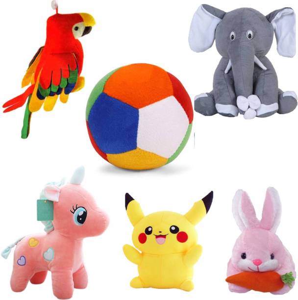Macros Low Budget Edition Classic Super Soft Combo of 6 Stuffed Toys For Kids , Balloon Teddy , Elephant , Penguin , Unicorn , Pikachu , Rabbit (teddy bear).  - 25 cm