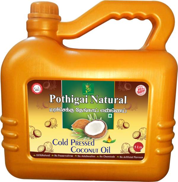POTHIGAI NATURAL Wooden Cold Pressed Coconut Oil 5 Litre - 100 % Natural Coconut Oil Can