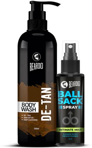 BEARDO De-Tan Body Wash for Men, 200ml | Skin Detox | Deep Cleansing with Ball Sack Spray | Intimate Perfume Spray for Men, 50ml | Prevents Odour, itch, irritation in private parts (Pack of 2)