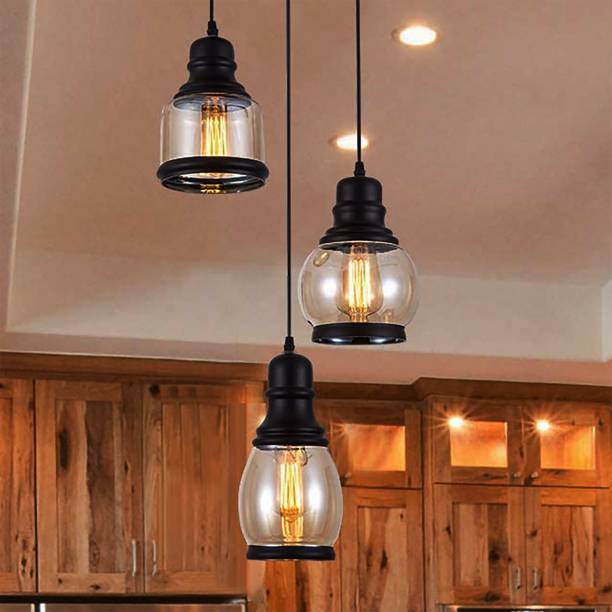 Homesake Cluster Pendant Light with Amber Glass Jar Shade Matte Black 3-Lights Adjustable Hanging Lighting Fixture, Industrial Antique Pendant Lamp for Kitchen Island, Dining Room, Foyer, Farmhouse (Bulb Not Included) Pendants Ceiling Lamp