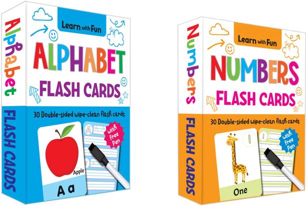 Kiddie Castle Pack of 2 Flash Cards Alphabets and Numbers 60 Double Sided Cards With Free Pen