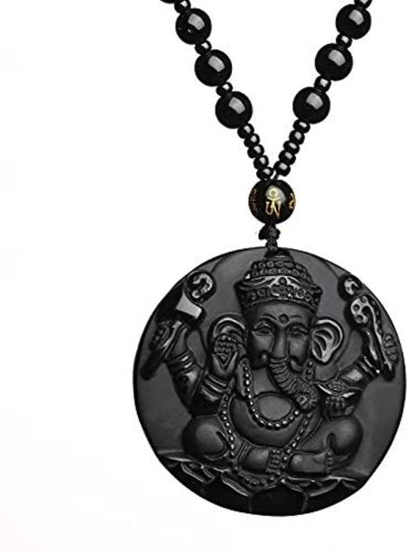Hitansh Enterprise Black Obsidian Ganesha Pendant For Healing, Reiki and Yoga Onyx, Beads, Quartz Stone, Silk Dori Pendant Set