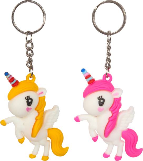 Party Hub Cute Yellow, Pink Unicorn Rubber Keychains For Valentine's Day & Birthday Gifts ( Pack Of 2 Combo )  - 14 cm