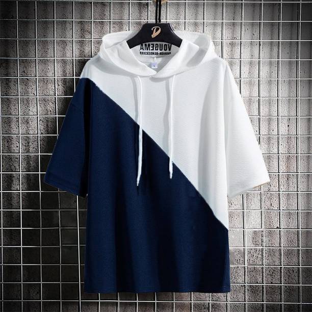 Men Color Block Hooded Neck White T-Shirt Price in India