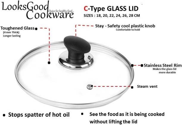 LooksGood C - TYPE LID 22 Cm Long Lasting Glass Lid, Glass Lid for Kadai, cookware lid (Glass) 8.66 inch Lid