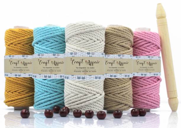Craft Affair | 3ply Twisted Oragnic Cotton Macrame thread (Each Color 10 Meter, 3mm) | Macrame Thread for Wall Hangers and DIY Projects | Pack of Five