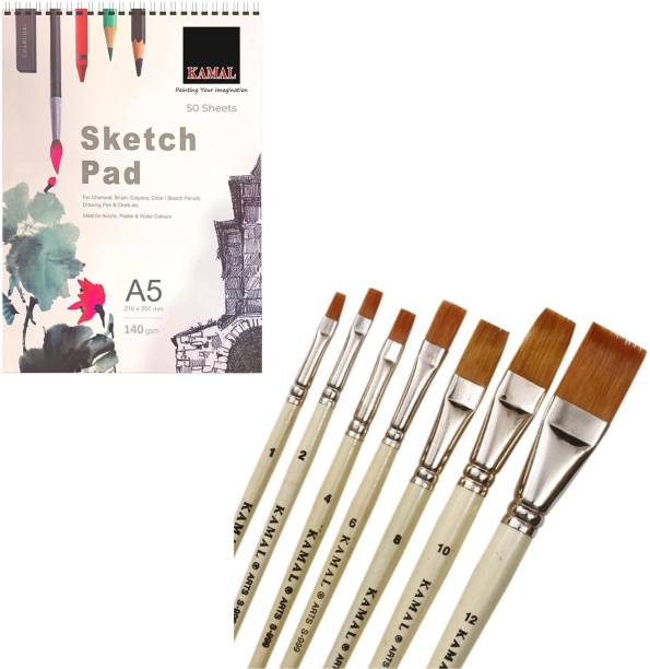 KAMAL COMBO OF Flat CREME Handle Golden Synthetic Hair Taklon Paint Brushes for Oil, Nail, Artist Acrylic Painting - Set of 7 WITH Drawing and Sketch Pad for Artists, 120LB/140GSM Drawing pad, 50 Sheets/100 Pages Sketch Book for Alcohol Markers, Solvent Markers, Pencils, Charcoal, Pastels etc. Great Gift Idea! (A5)
