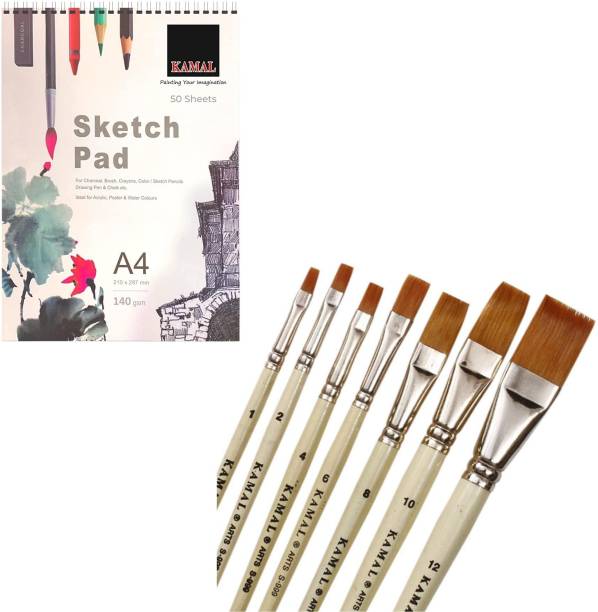 KAMAL COMBO OF Flat CREME Handle Golden Synthetic Hair Taklon Paint Brushes for Oil, Nail, Artist Acrylic Painting - Set of 7 WITH Drawing and Sketch Pad for Artists, 120LB/140GSM Drawing pad, 50 Sheets/100 Pages Sketch Book for Alcohol Markers, Solvent Markers, Pencils, Charcoal, Pastels etc. Great Gift Idea! (A4)