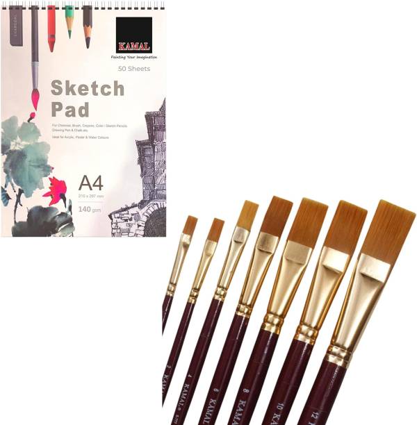 KAMAL COMBO OF Flat Maroon Handle Golden Synthetic Hair Taklon Paint Brushes for Oil, Nail, Artist Acrylic Painting - Set of 7 WITH Drawing and Sketch Pad for Artists, 120LB/140GSM Drawing pad, 50 Sheets/100 Pages Sketch Book for Alcohol Markers, Solvent Markers, Pencils, Charcoal, Pastels etc. Great Gift Idea! (A4)