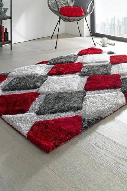 RM Handloom Red, White, Multicolor Polyester Carpet