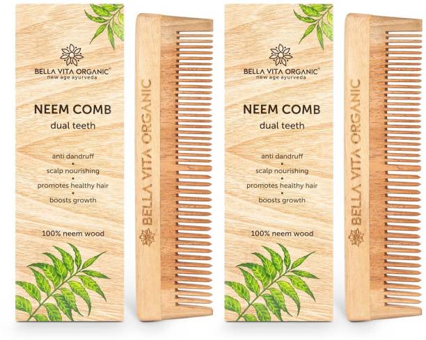 Bella vita organic Neem Wooden Hair Comb (Pack of 2) - Dual Teeth For Tangle free Curls and Healthy Scalp