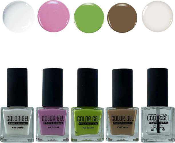 COLOR GEL Nail Color 5Pc Combo-Primer Glossy, Quick Dry, Long Lasting, Non Chipping, Toxin Free Nail Polish Enamel 9.9ml-BROWN,PINK,WHITE,TEAL,TRANSPARENT TOP COAT Combo;-1