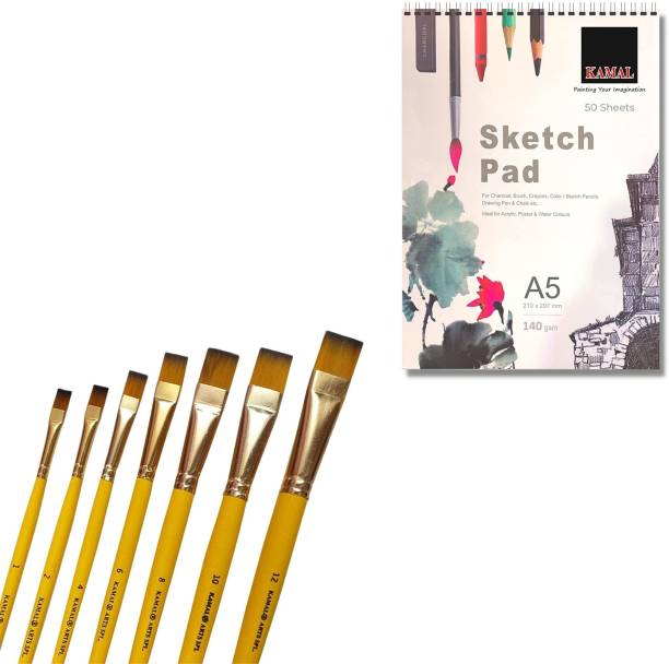 KAMAL COMBO OF Flat SHORT YELLOW Handle Golden Synthetic Hair Taklon Paint Brushes for Oil, Nail, Artist Acrylic Painting - Set of 7 WITH Drawing and Sketch Pad for Artists, 120LB/140GSM Drawing pad, 50 Sheets/100 Pages Sketch Book for Alcohol Markers, Solvent Markers, Pencils, Charcoal, Pastels etc. Great Gift Idea! (A5)