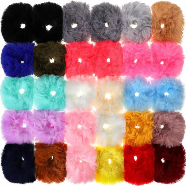Fameza 12 Fur Hair Scrunchies Pompom Ball Elastic Hair Band Fluffy Ponytail Holders Pom Hair Ties Rubber Band