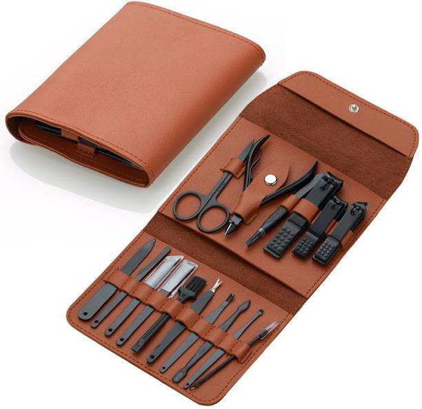 BELLA HARARO 16 IN 1 Professional Stainless Steel Manicure Pedicure Kit / Grooming Kit Includes - Nail Cutter, Ear Pick, Tweezers, Plucker, Nail Filer, Nose Hair Scissors, Eyebrow Tweezer for Men & Women Nail Clippers Pedicure Set with Leather Case Holder