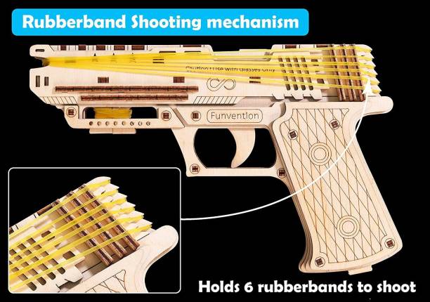 FUNVENTION Handgun - DIY Functional Mechanical Model STEM 3D Puzzle Lerning Kit Collectible Building Kit with rubberband Shooting & Storage