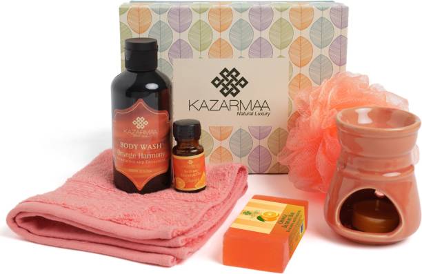 kazarmaa Luxury Orange Bath & Spa gift box | Bath set combo | gift Hamper | Gift set | Body wash | Diffuser | Bathing Soap | Shower Gel | Essential Oil | Aroma