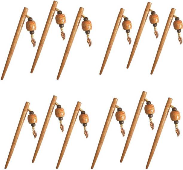 Zintalic Handcrafted Wooden Beads Hair Juda Stick for Girls & Women - Set of 12, Juda Stick, Juda Pin, Hair Pin, Hair Clip, Bun Stick Bun Stick