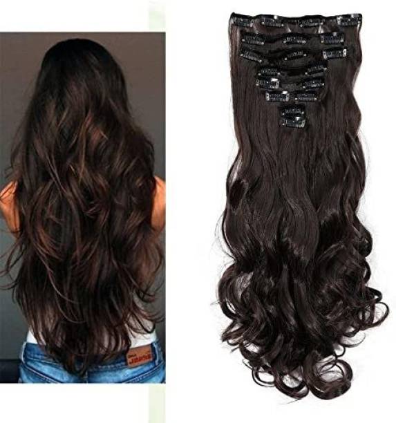 EASYOUNG 6 Pc 14 Clips based 24 inch 4 Number Brown Wavy/Curly Premium Quality Synthetic  Extensions for Women and Girls Hair Extension