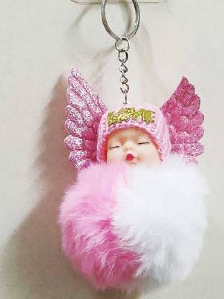CELWARK Cute Sleeping Baby Angel Fur Doll Keychain Pom Pom Soft Plush Doll Keychain for Kids/Girls Ladies Bag Hanging Ornament Material Nylon Color Pink, White Theme Special Limited Edition Key Chain