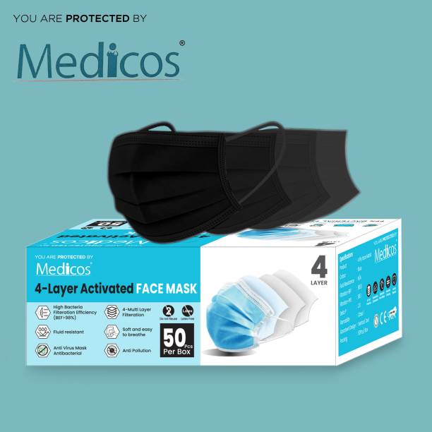 Medicos 4 Layer Black Surgical Mask 50 Pcs With Nose Pin Black Units With Nose Pin Disposable Iso Mark 4 Ply Pharmaceutical Breathable Surgical Pollution Face Mask Respirator with 3 Layer For Men, Women, Kids B108 Surgical Mask With Melt Blown Fabric Layer