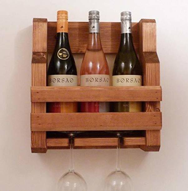 Dantawood Decor 3 Bottle and 2 Wine Glass Rack and Holder Wooden Wall Shelf