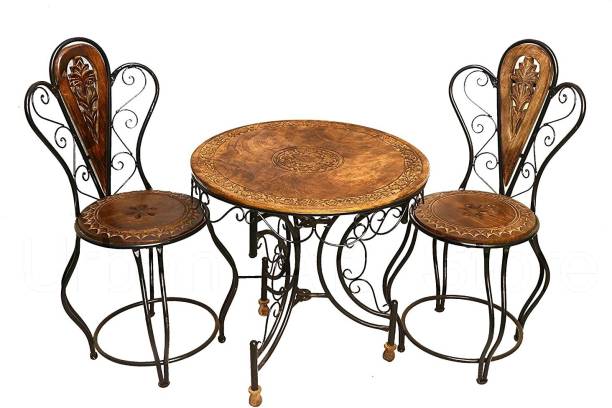 FURNITUREHUB Wooden and Wrought Iron Outdoor Set (2 Chairs + 1 Folding Table) Solid Wood 2 Seater Dining Table