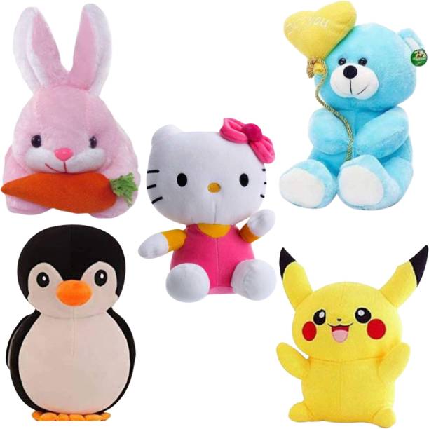 Toyhaven Exclusive and Unique combo of 5 adorable and lovely soft toys for kids and special occasions/ HELLO KITTY, PENGUIN, PIKACHU , RABBIT and TEDDY with 'I LOVE YOU' BALLOON / special stuffed toys for gifting and decoration  - 25 cm