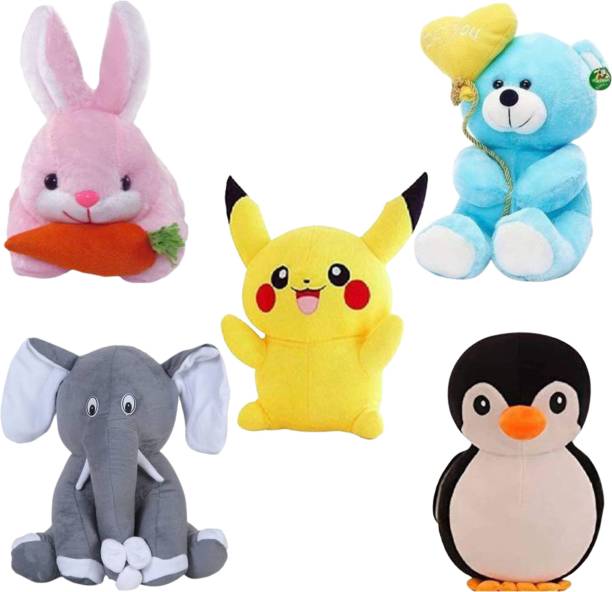 Toyhaven Exclusive and Unique combo of 5 adorable and lovely soft toys for kids and special occasions/ SITTING ELEPHANT , PENGUIN, PIKACHU , RABBIT and TEDDY with 'I LOVE YOU' BALLOON / special stuffed toys for gifting and decoration  - 25 cm