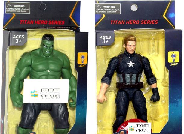 WOW Toys-Delivering Joys of Life Big and Realistic Action Figures of Hlk and Captain Shield Toys|| LED Light|| Pack of 2|| Multicolour||Titan Hero Series|| 18 cm