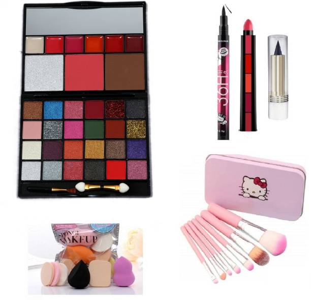 NYN HUDA All in One Fashion Makeup Kit for Girls & Women Ecstasy No 2 with EyeLiner, Kajal, Makeup Brushes, Sponges and 5 in 1 Lipstick Red Edition