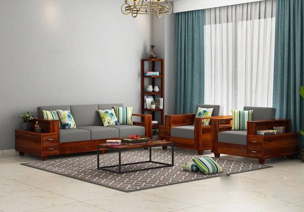 saamenia furnitures Solid Wood Sheesham Wood Five Seater Sofa ( 3+1+1) For Living, Guest Room| Fabric 3 + 1 + 1 Sofa Set