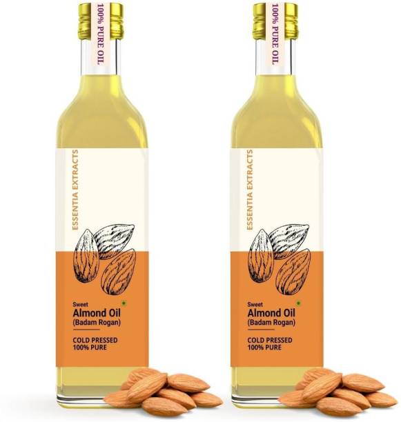 ESSENTIA EXTRACTS Combo of 2 Extra Virgin Sweet Almond Oil - 100% Pure Cold Pressed Edible Roghan Badam Shirin Tel - Glass Bottle (Hair, Skin) (500ML + 500ML) Almond Oil Glass Bottle