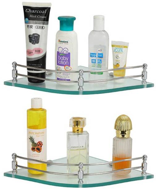 MOTIQO Dulux FlowerTransparent Glass Corner Shelf for Bathroom/Kitchen(9X9 INCH,Pack 2) Glass, Steel Wall Shelf