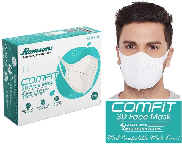 Romsons Comfit 3D Face Mask Comfit 3D 4 Layers Face Mask with 2 Melt-Blown Filter & Softest Ear Loops, Most Comfotable Mask Ever,25 Pcs/Pack, (PACK OF 25 pcs) Reusable Surgical Mask With Melt Blown Fabric Layer