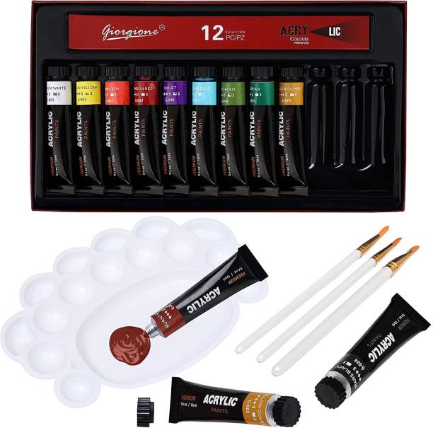 ABOUT SPACE Acrylic Set 12 Colours Artist Grade Paint with 3 Painting Brushes & Palette