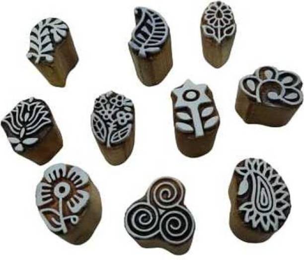 F K Handicraft Wooden Printing Block Stamp for Hand Carved Printing Stamp Block for Mehandi / Textile Printing / Pottery Craft / Saree Border / Canvas Painting and More (pack of 10) Printing Blocks