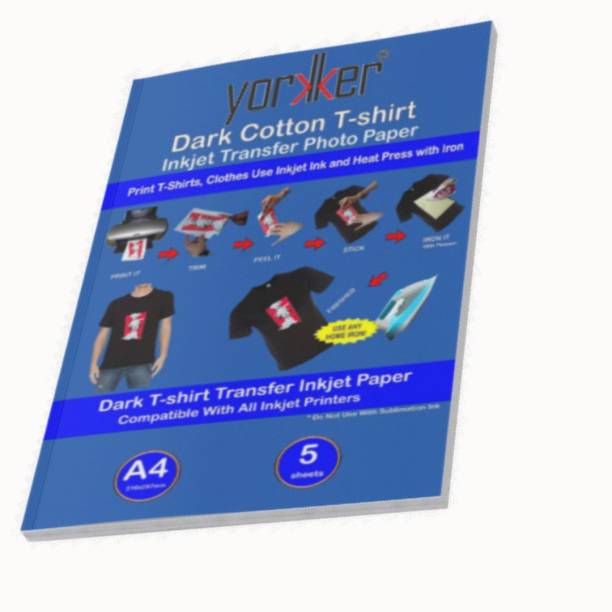 Yorkker T-Shirt Dark Cotton Inkjet Transfer Photo Paper Pack of 5 Sheets| DIY Print T-Shirts, Clothes Use Inkjet Ink and Heat Press with Iron (5 Sheets Dark Cotton) unruled A4 180 gsm Transfer Paper